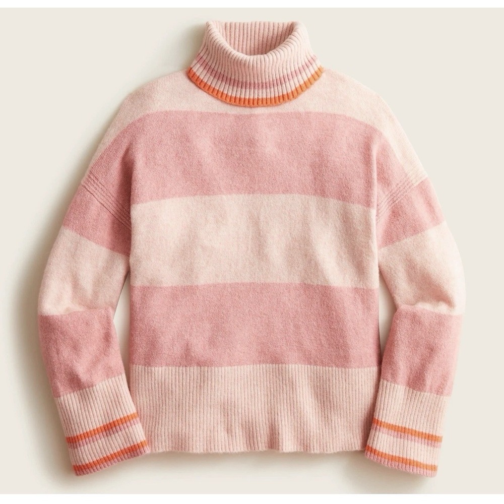 J. Crew Striped Turtleneck Sweater in Supersoft Yarn Pink Large Cozy Casual